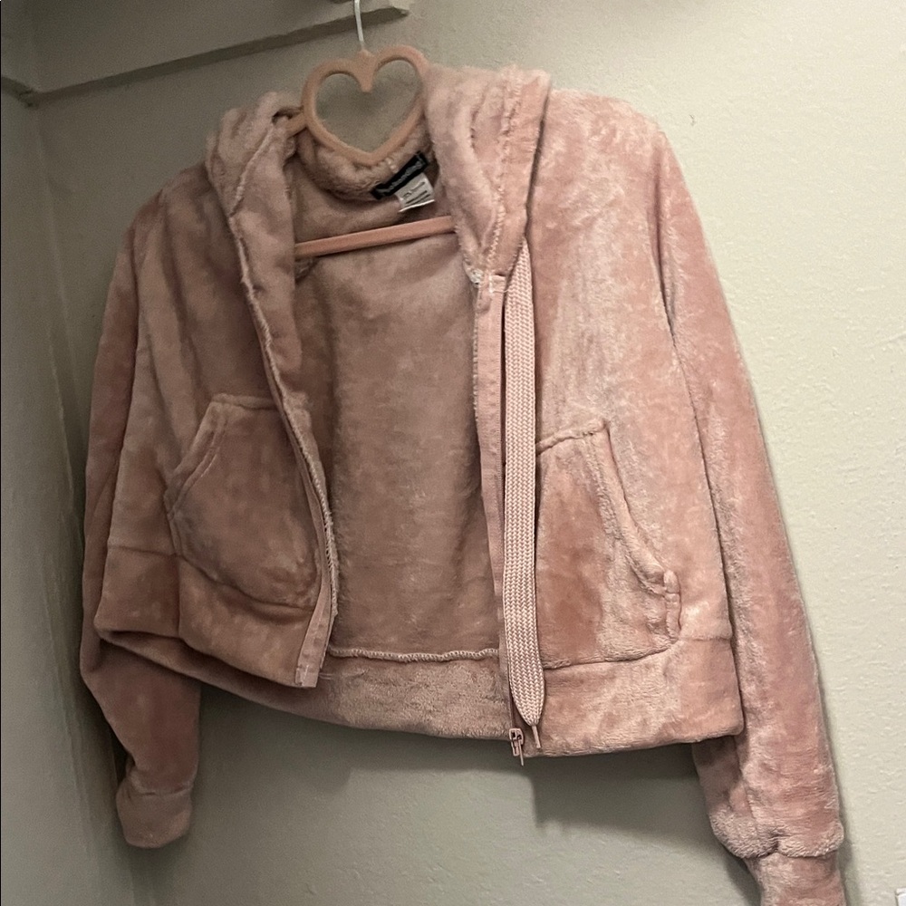 Pink Fuzzy Women's cropped Jacket
